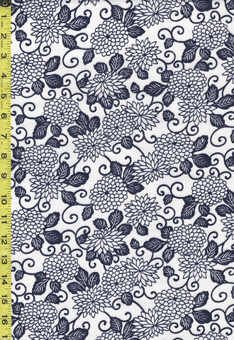 Yukata Fabric - 653 - Chrysanthemums & Curly Vines - White & Indigo