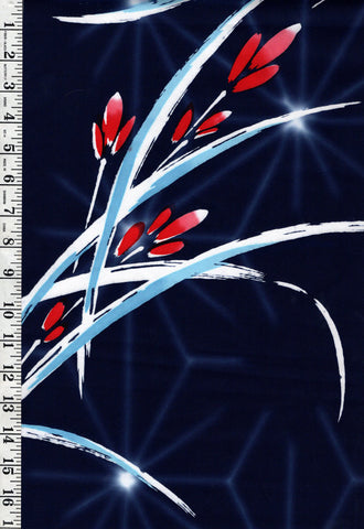 Yukata Fabric - 656 - Red Floral Buds & Asanoha - Kansai Yamamoto - Navy