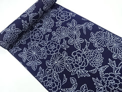 Yukata Fabric - 671 - Daisies, Mums & Peonies - Indigo