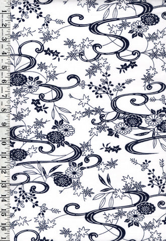 Yukata Fabric - 676 - Mums, Maple Leaves & Water Swirls - White