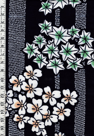 Yukata Fabric - 677 - Maple Leaves, Blossoms & Shibori Motif Columns - Indigo