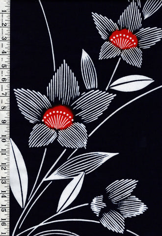 Yukata Fabric - 687 - Red Center Flowers - Indigo