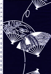 Yukata Fabric - 696 - Large Japanese Fans - Dark Navy - Indigo