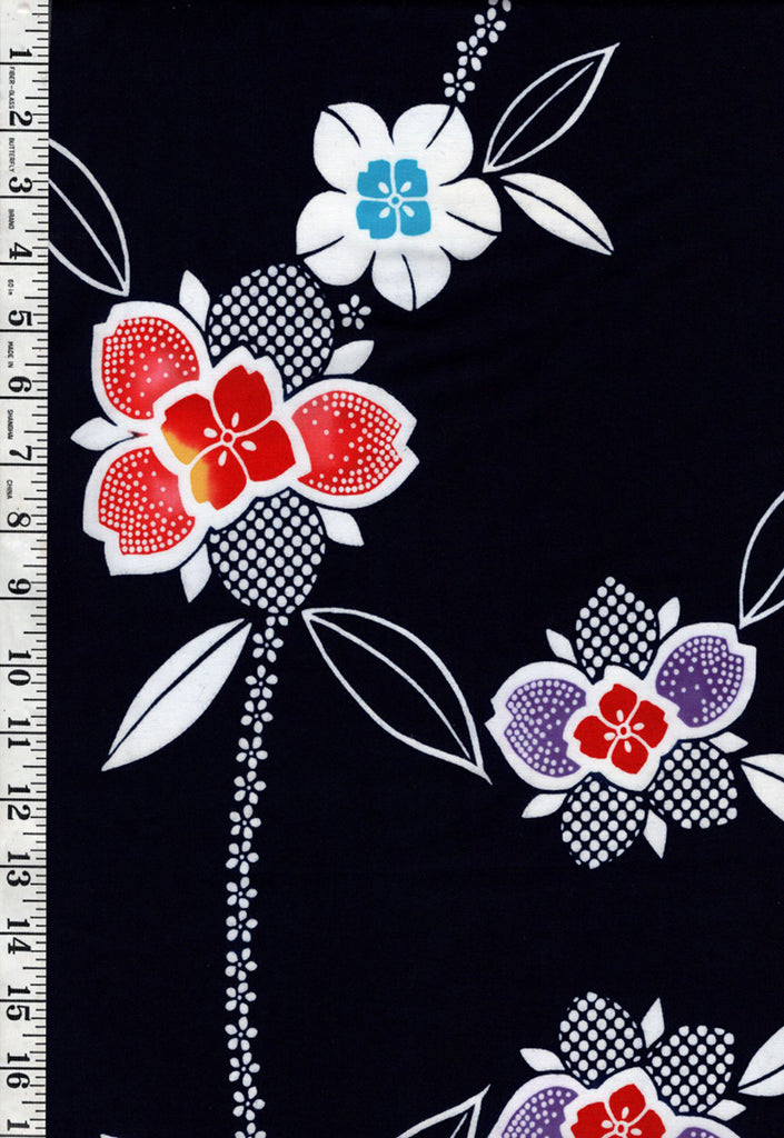 Yukata Fabric - 704 - Colorful Primroses - Indigo
