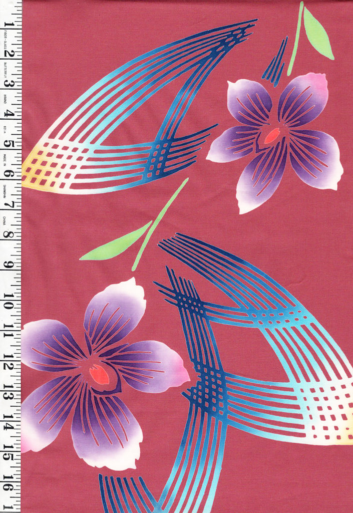 Yukata Fabric - 705 - Lavender Flowers & Blue Swirls - Salmon