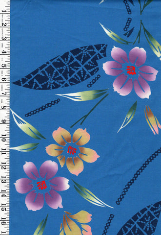 Yukata Fabric - 708 - Colorful Flowers with Decorative Leaves - Blue