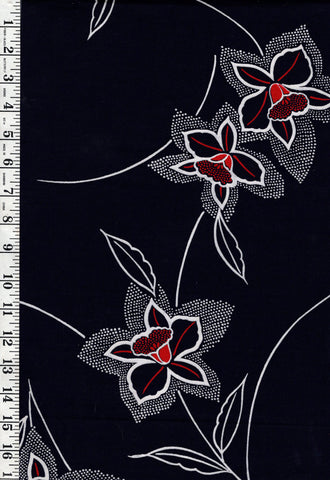 Yukata Fabric - 730 - Red Dotted Daffodils - Indigo