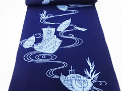 Yukata Fabric - 851 - Treasure Boats & Water Swirls - Navy