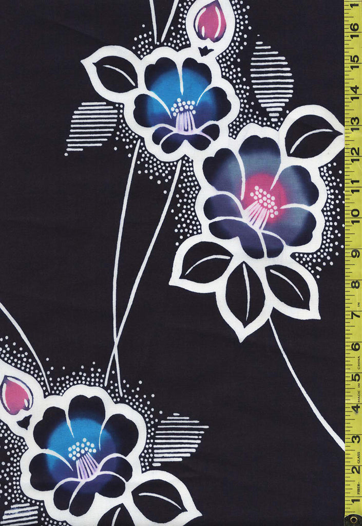 Yukata Fabric - 856 - Colorful Camellias & Tiny White Dots - Dark Navy