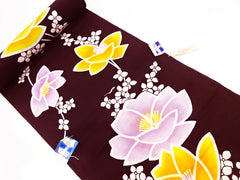 Yukata Fabric - 857 - Colorful Lavender & Yellow-Orange Flowers - Black