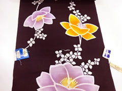 Yukata Fabric - 857 - Colorful Lavender & Yellow-Orange Flowers - Black