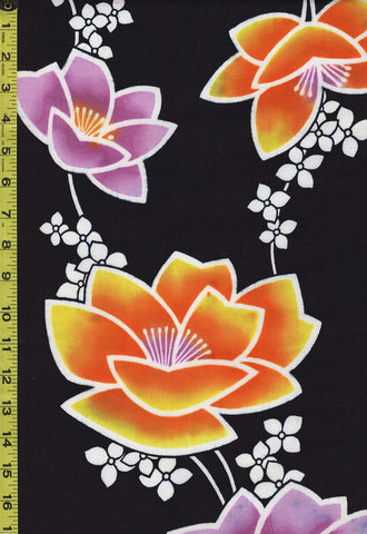 Yukata Fabric - 857 - Colorful Lavender & Yellow-Orange Flowers - Black