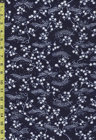 Yukata Fabric - 858 - Tiny Maple Leaves & Waves - Dark Navy - Indigo