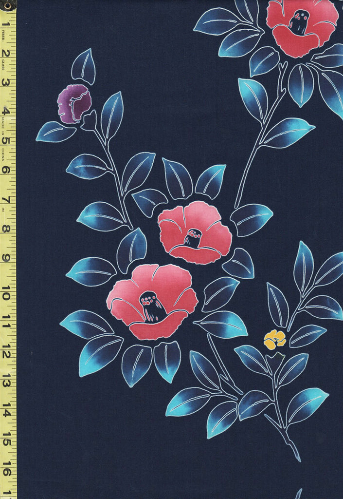 Yukata Fabric - 859 - Colorful Camelias & Blue Leafy Branches - Navy