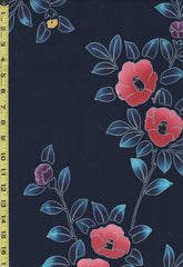 Yukata Fabric - 859 - Colorful Camelias & Blue Leafy Branches - Navy