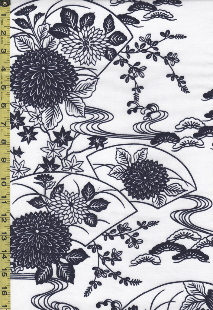 Yukata Fabric - 860 - Floral Fans, Mums & River Swirls - White