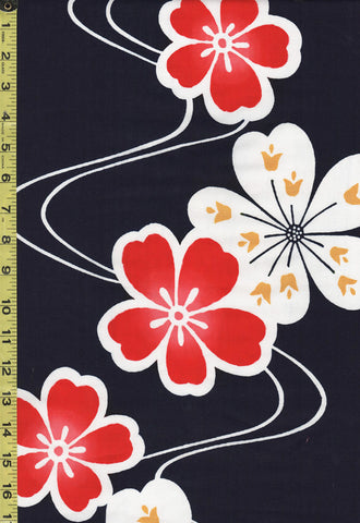 Yukata Fabric - 864 - Large Red & White Cherry Blossoms & River Swirls - Indigo