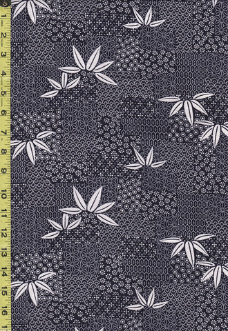 Yukata Fabric - 865 - Patchwork with Japanese Motifs & Bamboo Leaves - Indigo
