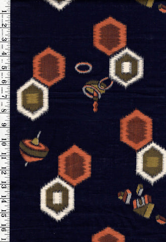 Yukata Fabric - 875 - Hexagons & Japanese Toys - Indigo