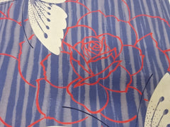 Yukata Fabric - 624 - Butterflies and Red Roses - Gray Stripe