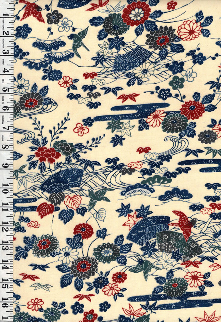 806 - Japanese Wool - Fans, Birds & Floating Flowers - Soft Butter Yellow