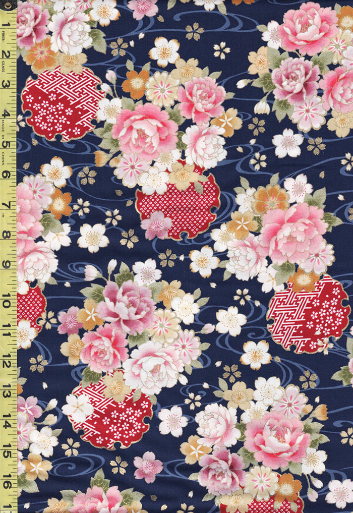 Japanese - Cosmo Peonies, Medallions & Floating Cherry Blossoms - AP02705-2D - Navy