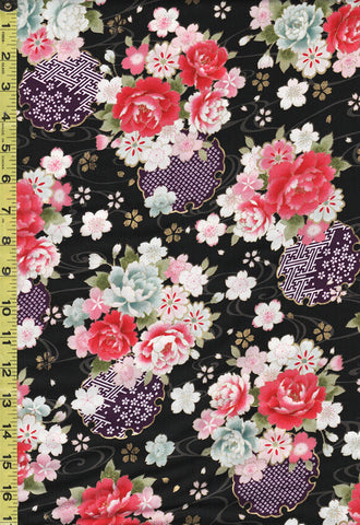 Japanese - Cosmo Peonies, Medallions & Floating Cherry Blossoms - AP02705-2E - Black
