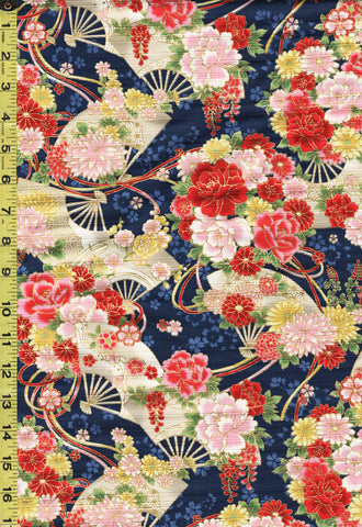 *Japanese - Cosmo Floral Fans & Floating Blossoms - AP21902-3D - Navy