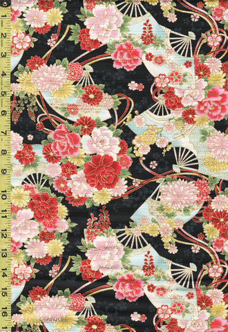 *Japanese - Cosmo Floral Fans & Floating Blossoms - AP21902-3E - Black