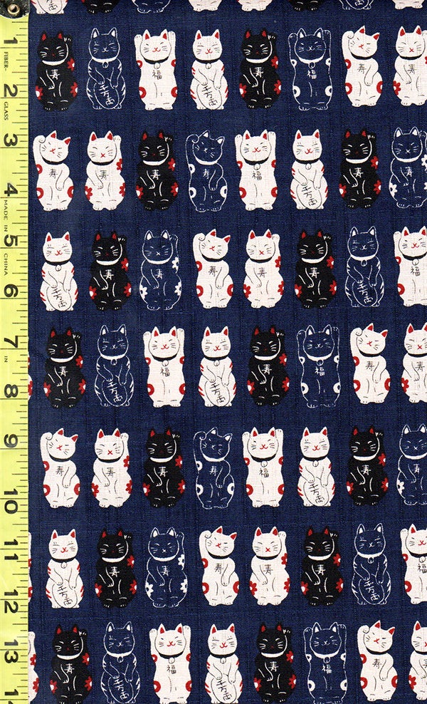 *Japanese Novelty - Cosmo Maneki Neko Cats Waving - Dobby Weave - AP22308-2C - Navy, Ecru & Black