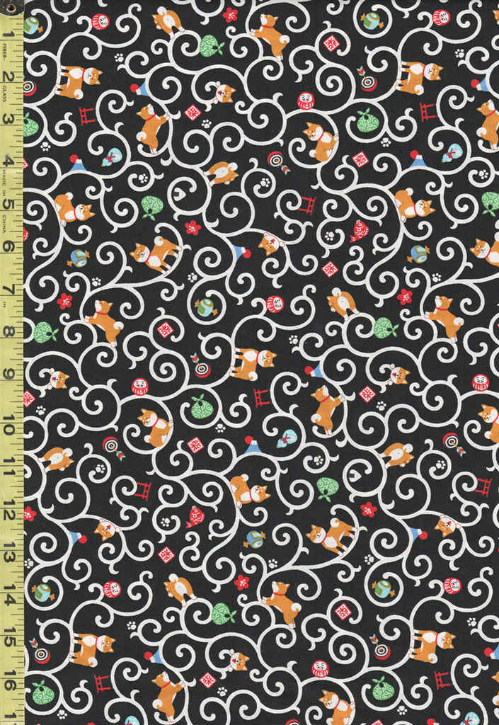 Japanese Novelty - Cosmo Shiba Dogs on Swirly Scrolls - AP22406-2E - Black