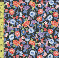 Japanese - Cosmo - Okinawa Bingata Style - Colorful Floral-Mums, Daisies & Peonies - AP25906-1E - Black