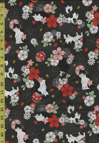 *Japanese Novelty - Cosmo Tuxedo Cats & Floating Plum Blossoms - AP31908-2E - Black