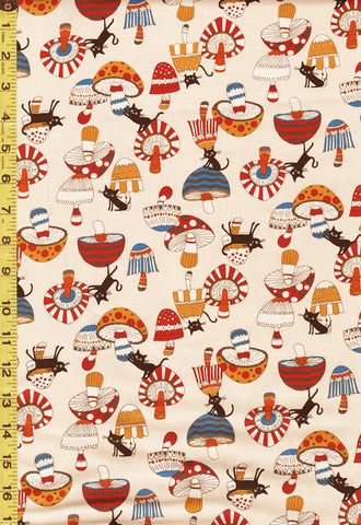 Japanese Novelty - Cocoland Cats & Mushrooms - Oxford Cloth - CO-10002-25A - Natural - Last 1 1/8 yards