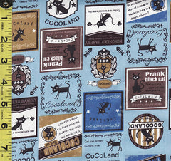 Japanese Novelty - Cocoland Cat Advertisements - Oxford Cloth - CO-10002-21D - Blue & Brass - ON SALE  SAVE 20%