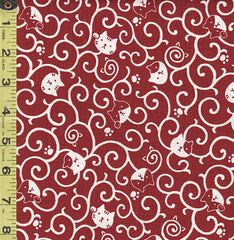 Japanese Novelty - Cosmo Cat Faces & Scrolls - Dobby Weave - AP82306-1C- Dark Red & White