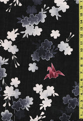 Yukata Fabric - 537 - Cherry Blossoms & Origami Cranes (Sheer Weight) - Black