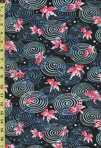 *Japanese - Cosmo Goldfish & Water Swirls - Dobby Weave - AP21406-2E - Black