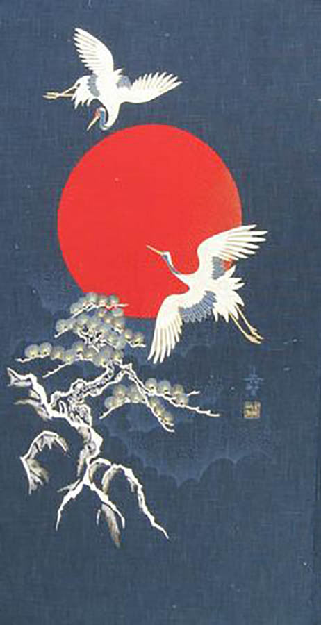 Noren Panel -  Cranes, Bonsai and Red Sun  # 98