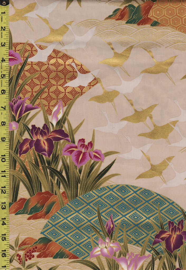 *Asian - Small Flying Cranes & Japanese Iris - 35272 - Natural