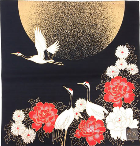 Furoshiki  - Japanese Wrapping Cloth - Cranes, Moon & Peonies - Black