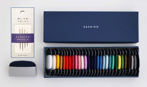 **Sashiko Thread - Daruma - LARGE SIZE - Thin Weight Collection Box - 29 Colors, Needles & Pincushion
