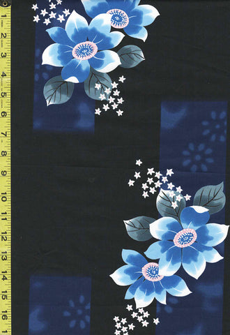 Yukata Fabric - 716 - Beautiful Blue Flowers - Black