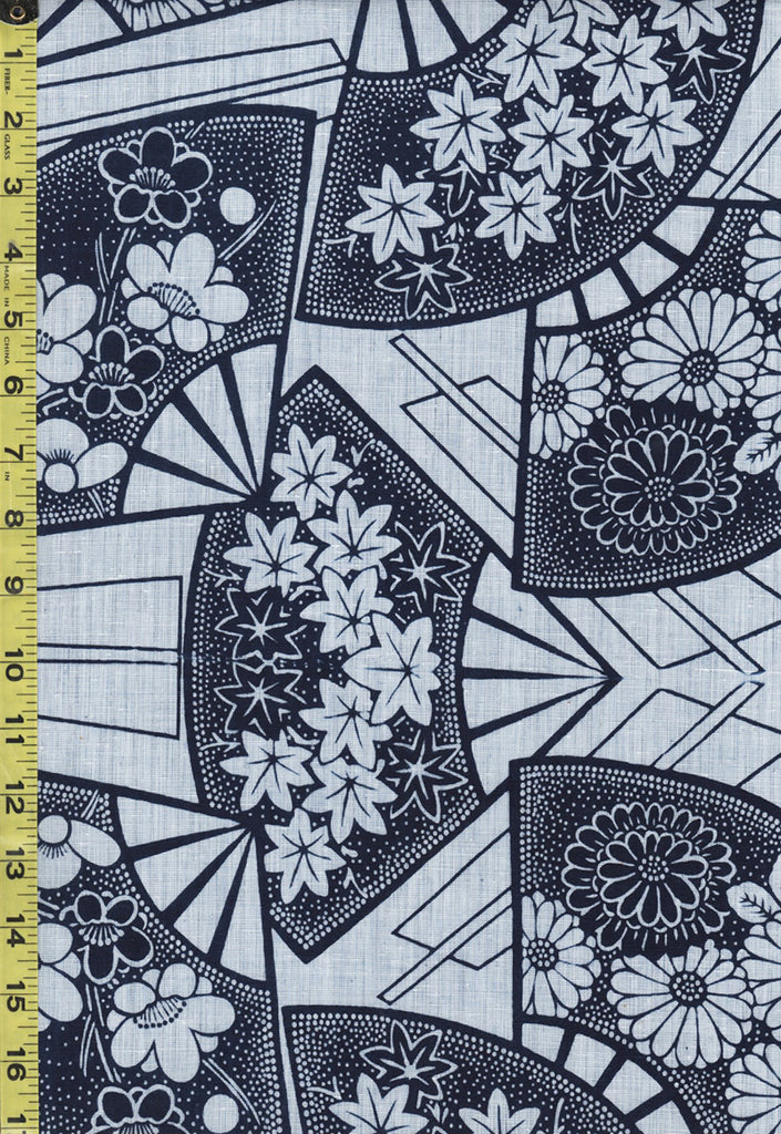 Yukata Fabric - 551 - Floral Fans - Navy & Light Blue-Gray