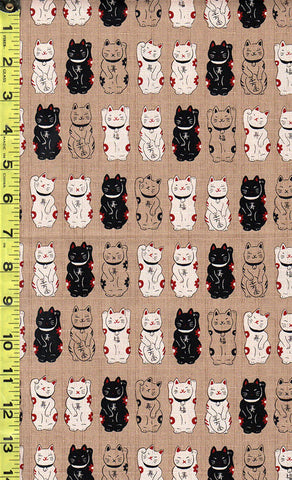 *Japanese Novelty - Cosmo Maneki Neko Cats Waving - Dobby Weave - AP22308-2A - Tan, Ecru & Black