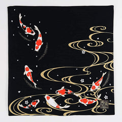 Furoshiki  - Japanese Wrapping Cloth - Koi & Dark Gold Metallic Water Swirls - Black