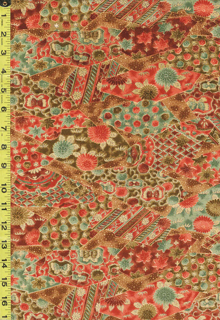 423 - Japanese Silk - Geometric Floral Patchwork - Brown, Green, Burnt Orange