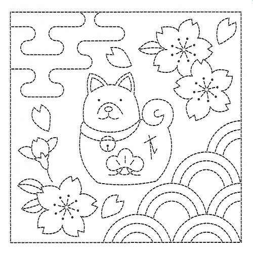 Sashiko Pre-printed Sampler - # 1044 - Shiba & Cherry Blossoms (Year of the Dog )- White