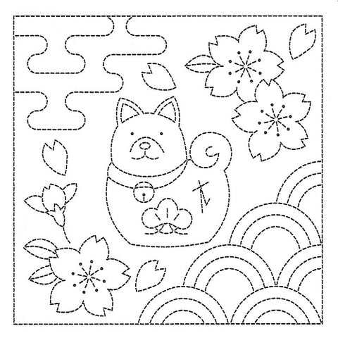 Sashiko Pre-printed Sampler - # 1044 - Shiba & Cherry Blossoms (Year of the Dog )- White