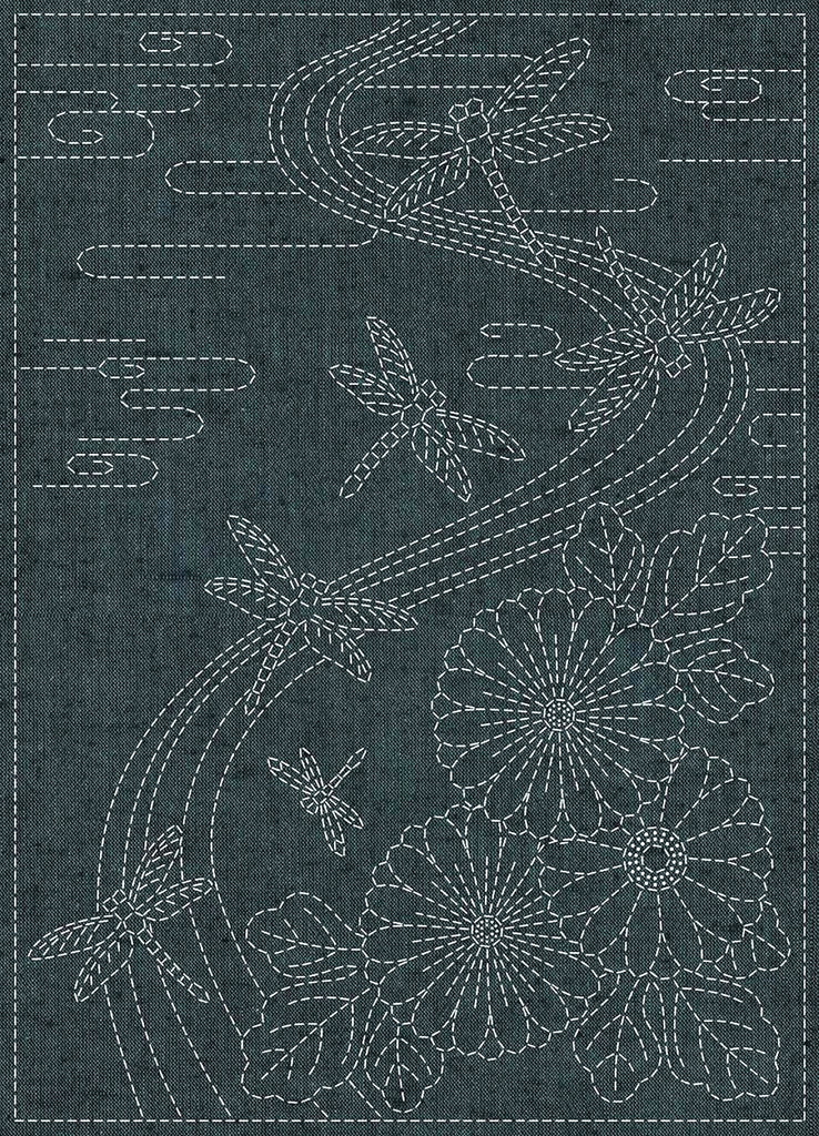 Sashiko Pre-printed Small Panel - QH Textiles - HFNP22BL-02A - Yarn Dyed Nep Fabric - Twilight Dragonfly - Dark Blue-Green